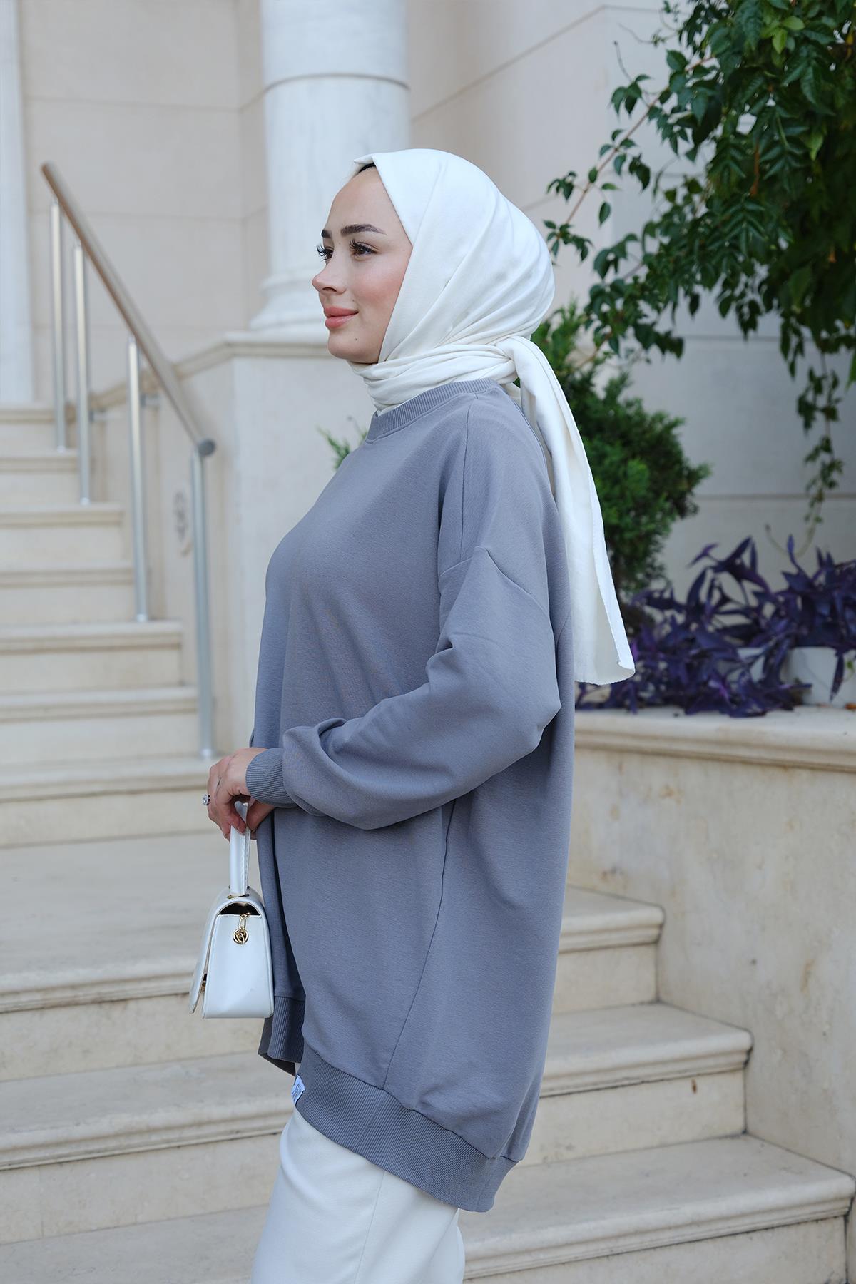 Bisiklet Yaka Oversize Sweat Gri