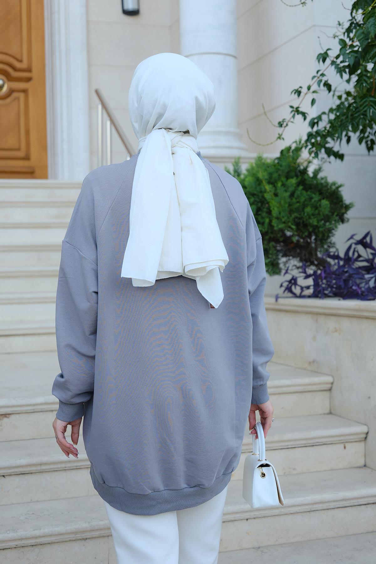 Bisiklet Yaka Oversize Sweat Gri