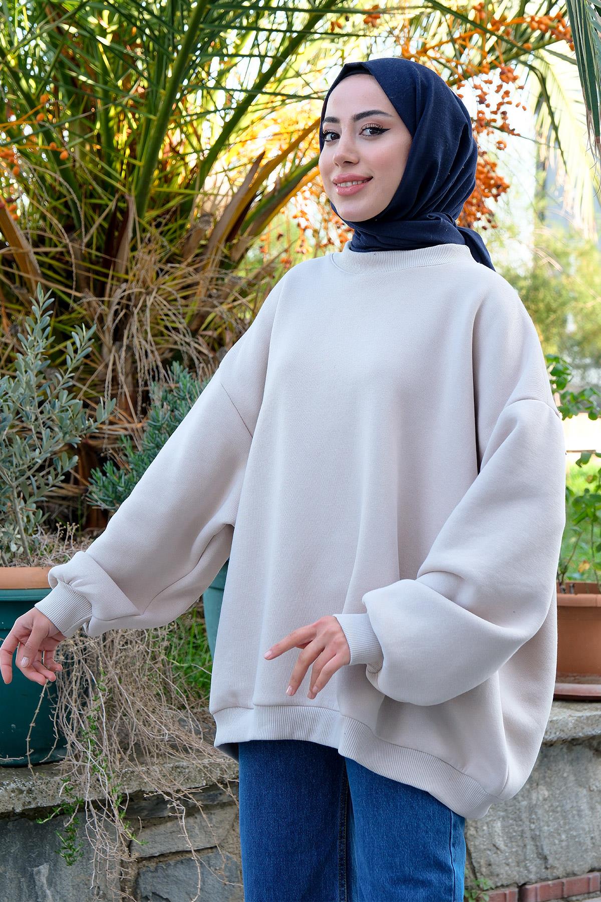 Bisiklet Yaka Oversize Sweat Taş