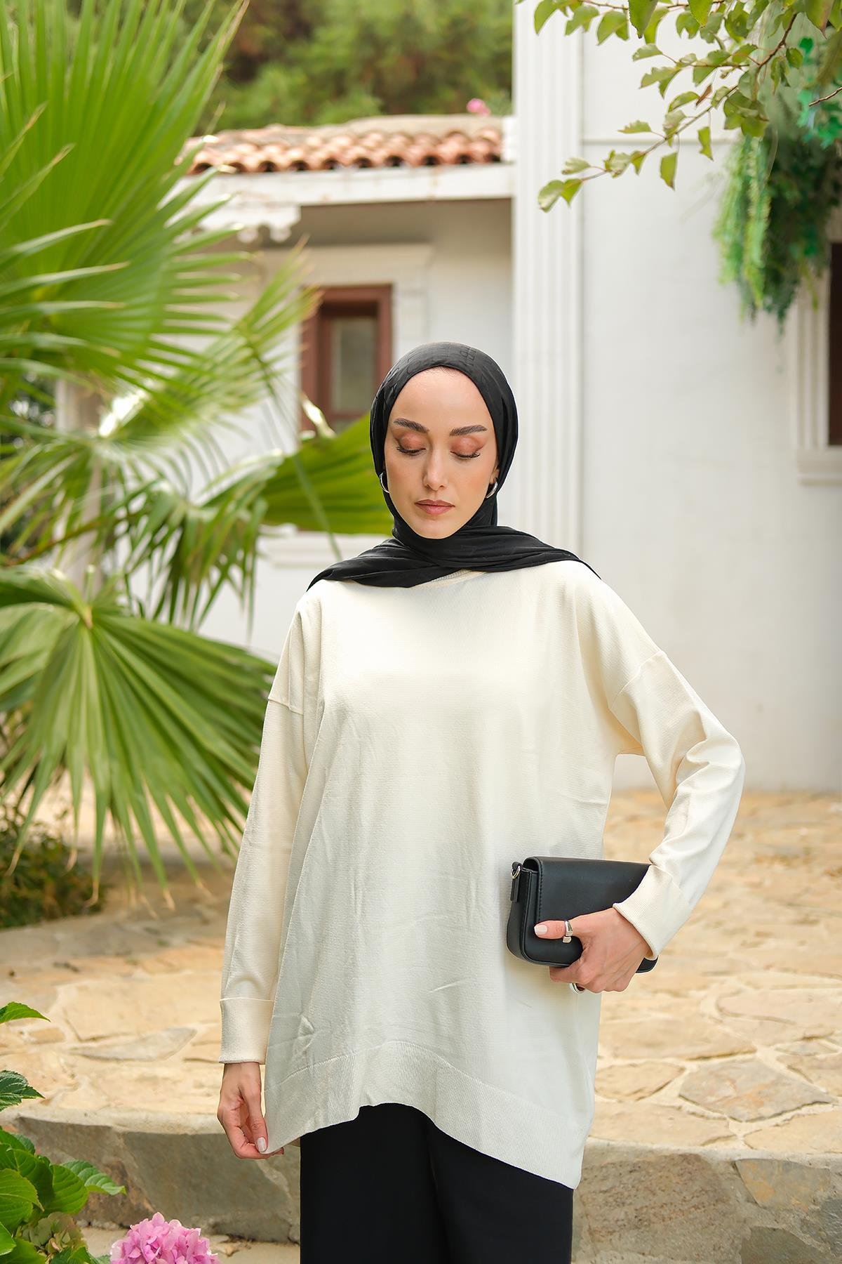 Bisiklet Yaka Oversize Triko Kazak  Bej