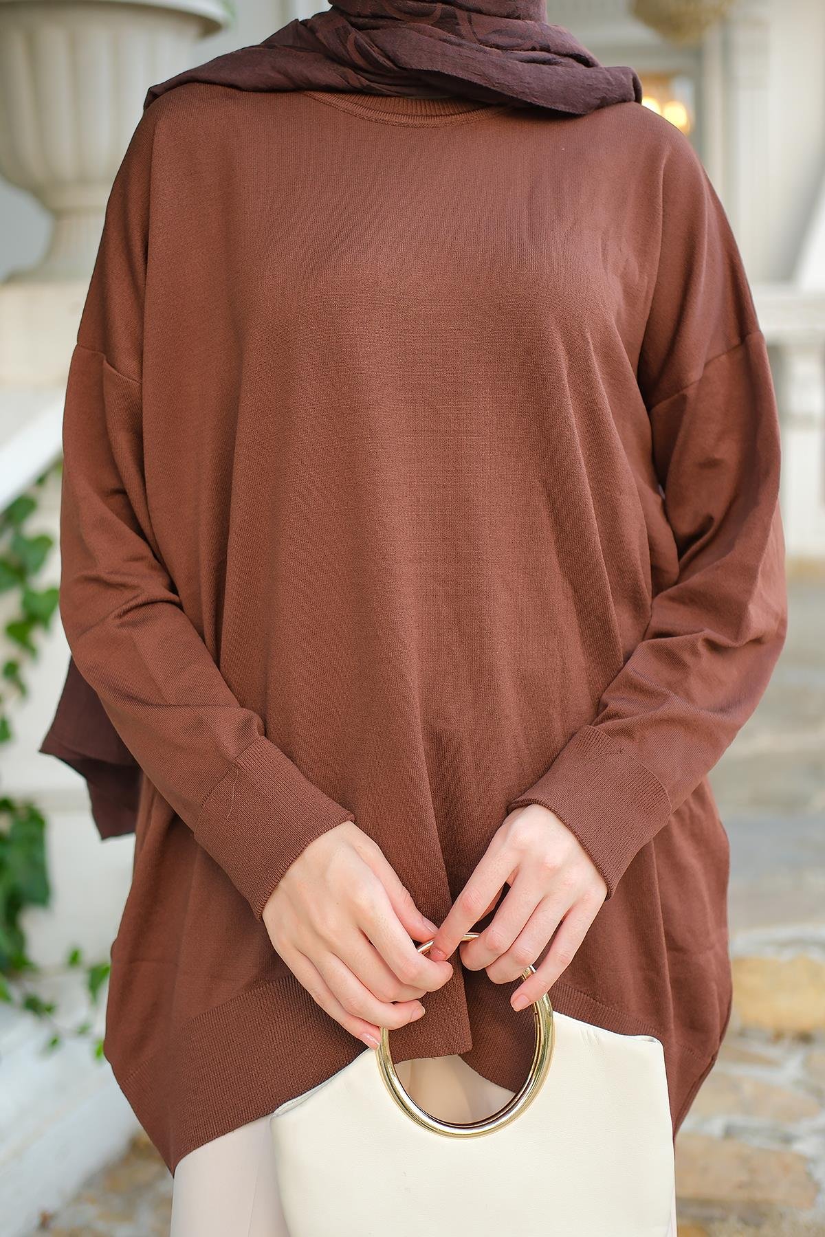 Bisiklet Yaka Oversize Triko Kazak  Kahverengi