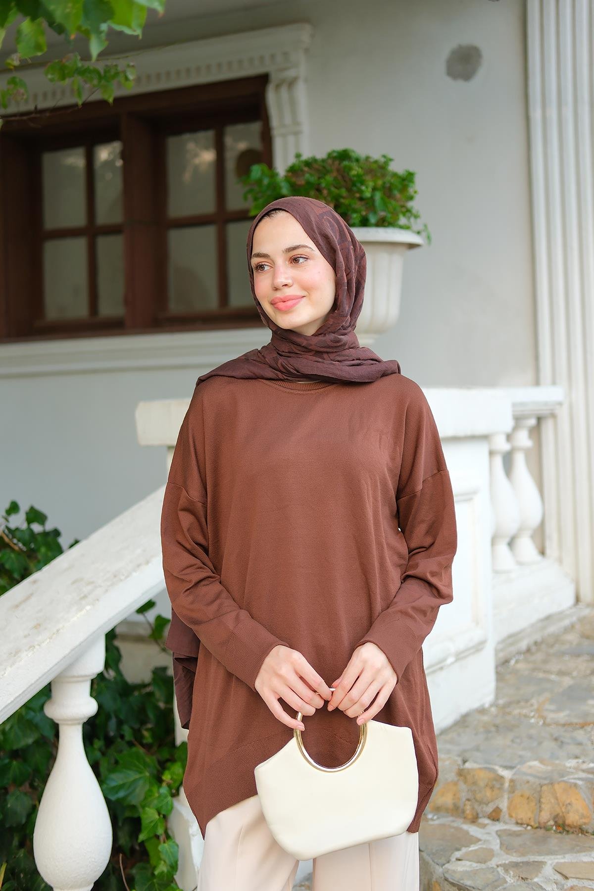 Bisiklet Yaka Oversize Triko Kazak  Kahverengi