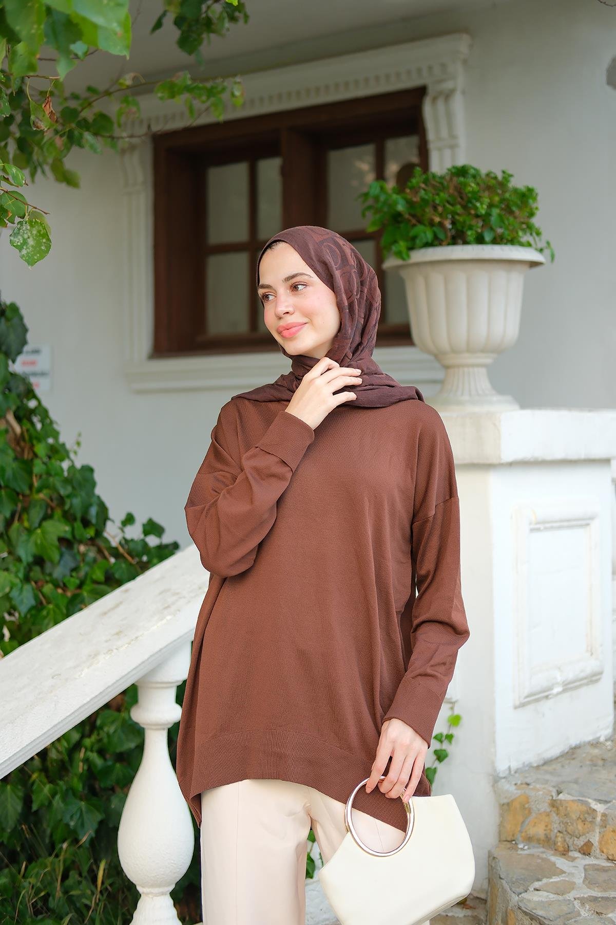 Bisiklet Yaka Oversize Triko Kazak  Kahverengi