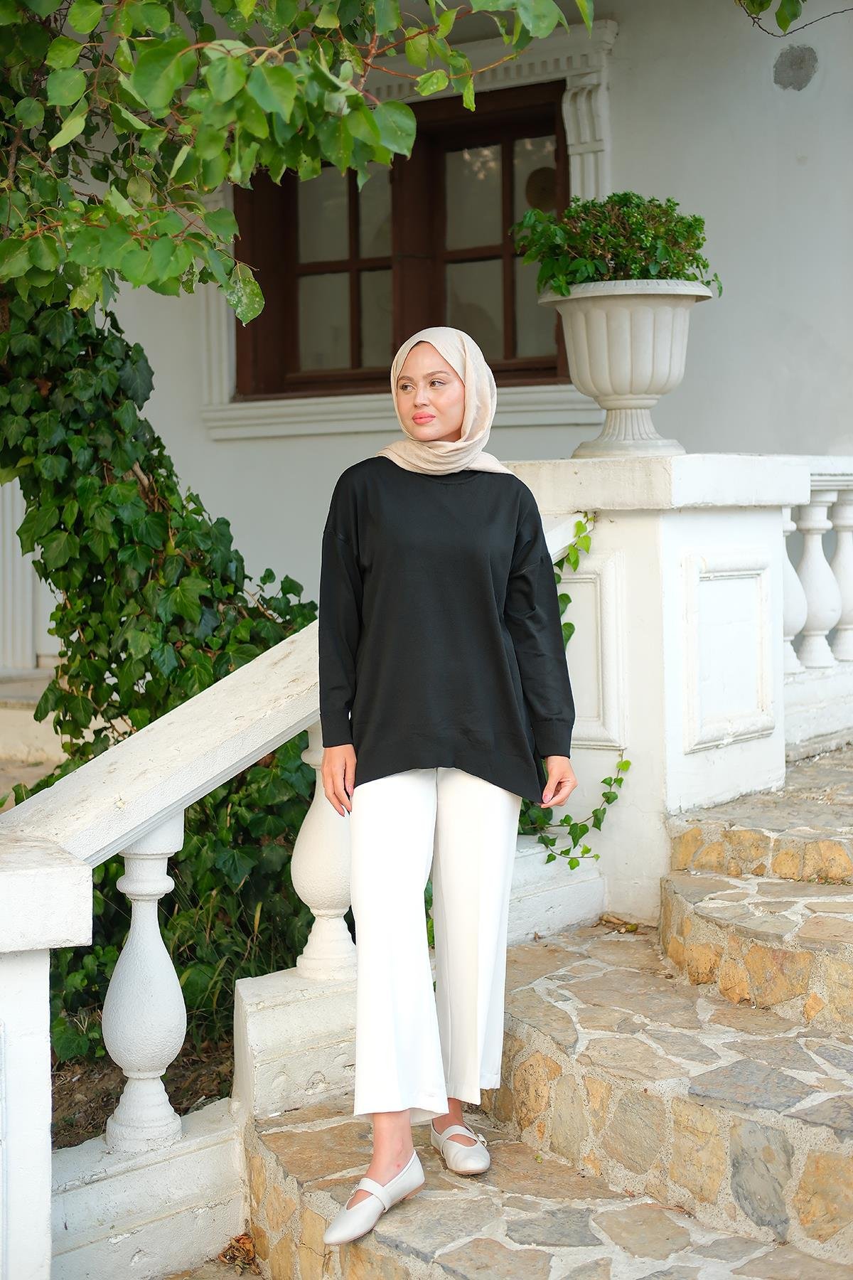 Bisiklet Yaka Oversize Triko Kazak  Siyah