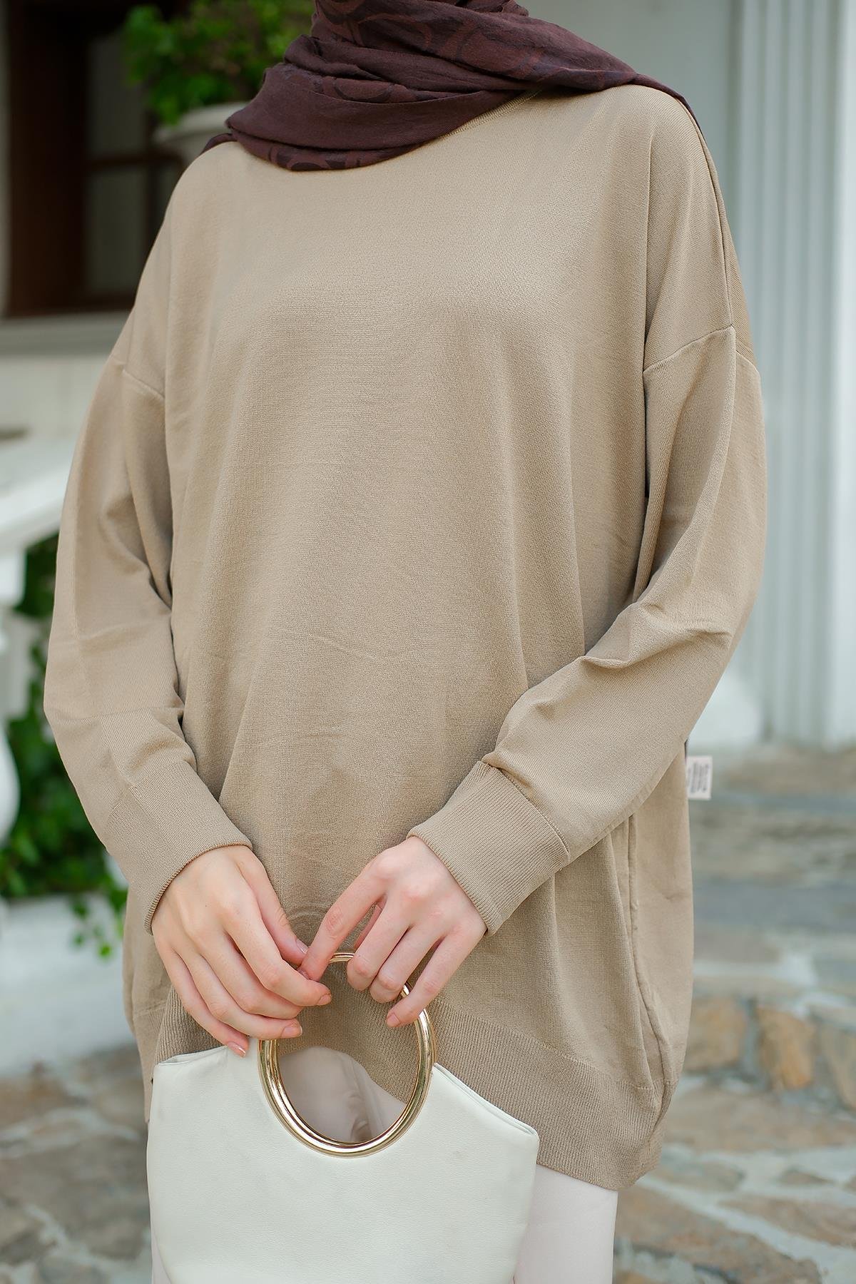 Bisiklet Yaka Oversize Triko Kazak  Vizon