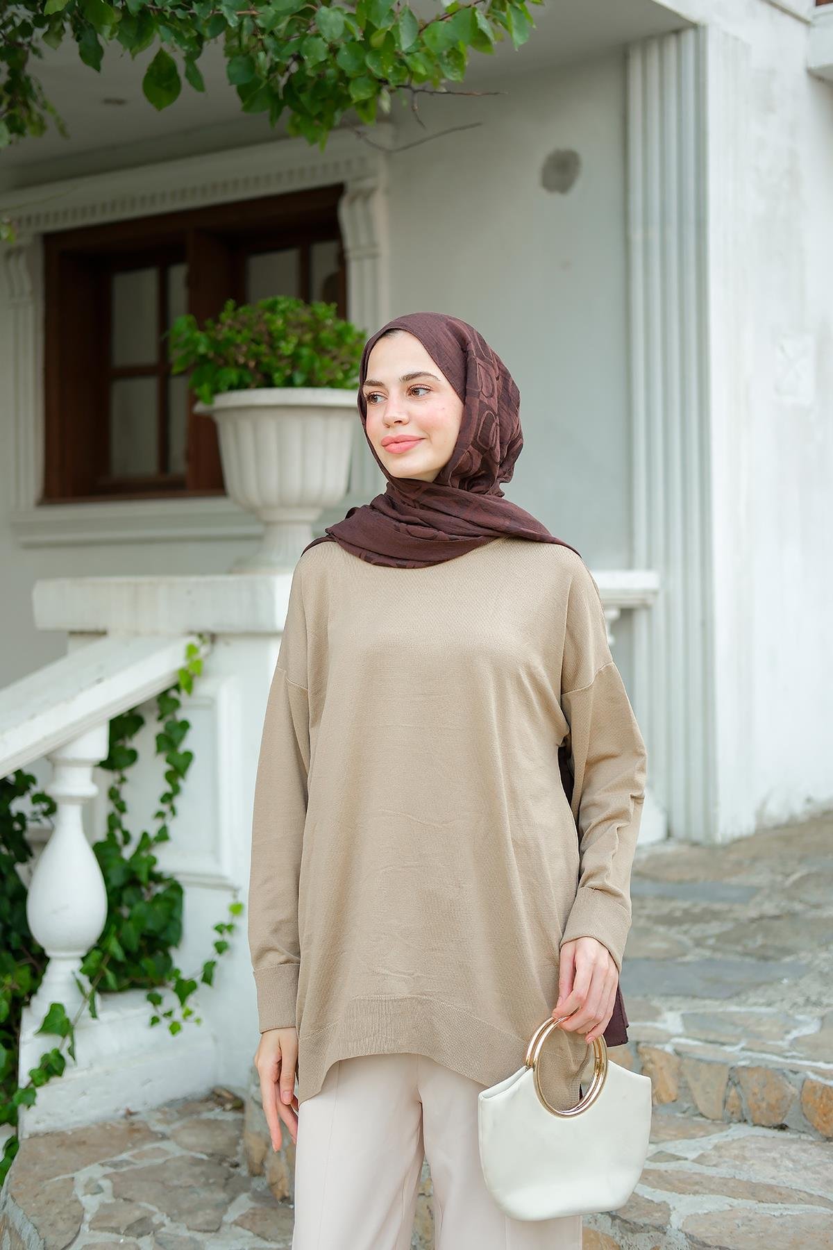 Bisiklet Yaka Oversize Triko Kazak  Vizon