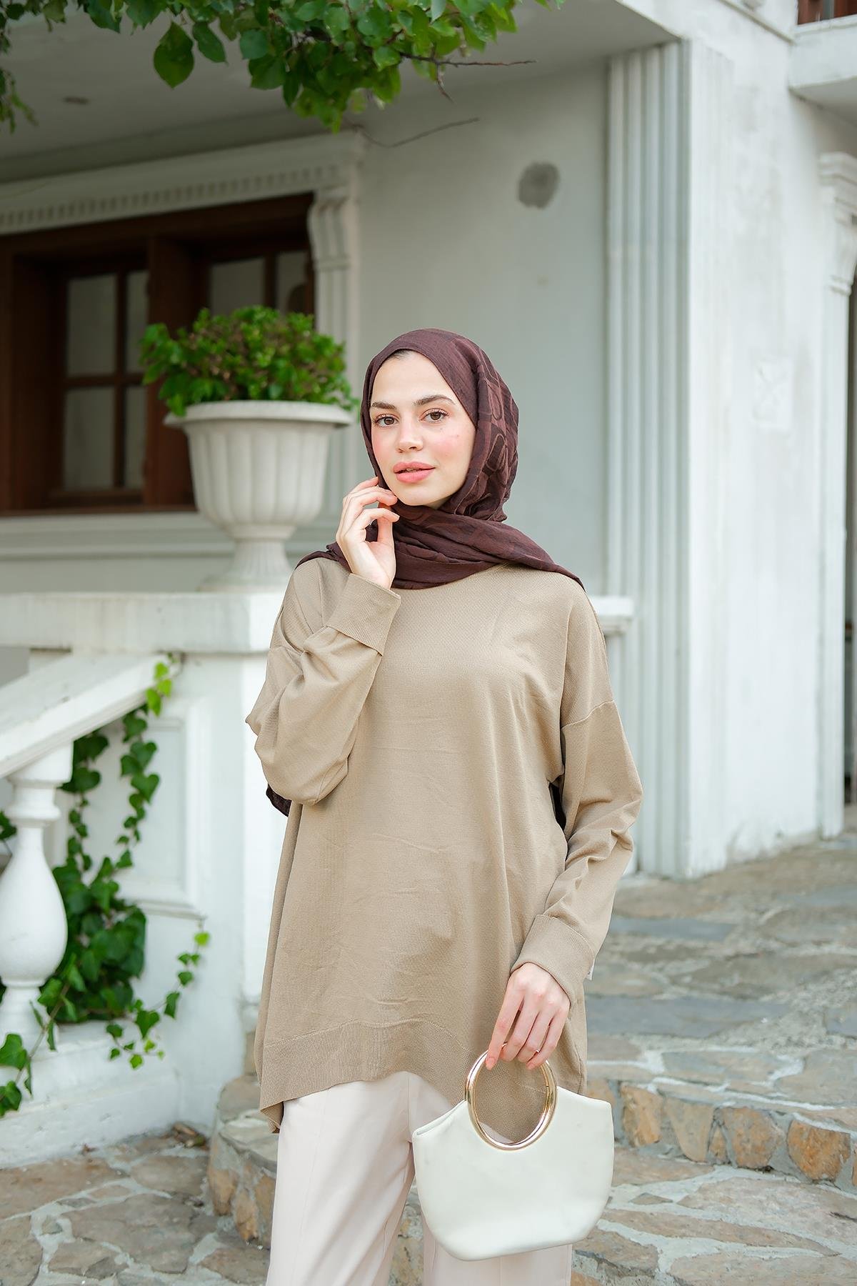 Bisiklet Yaka Oversize Triko Kazak  Vizon