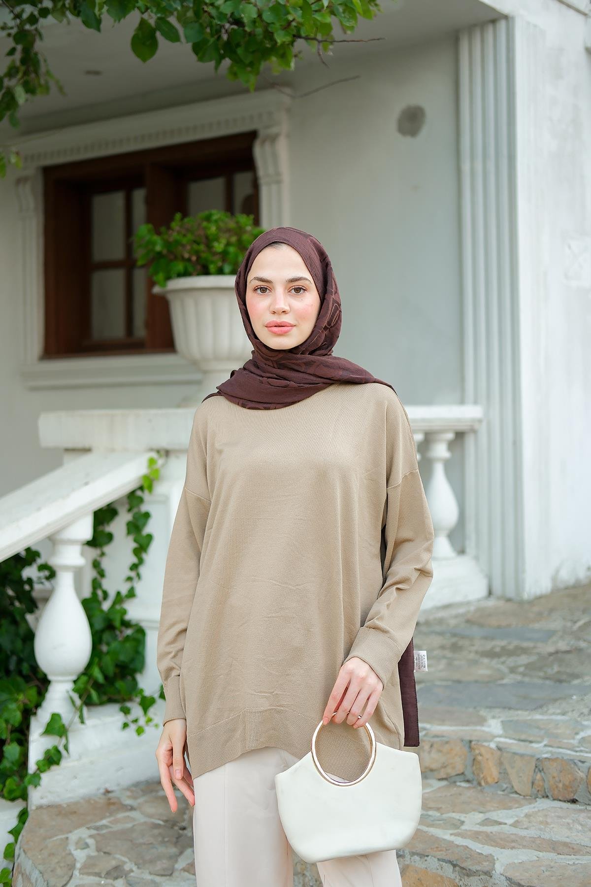 Bisiklet Yaka Oversize Triko Kazak  Vizon