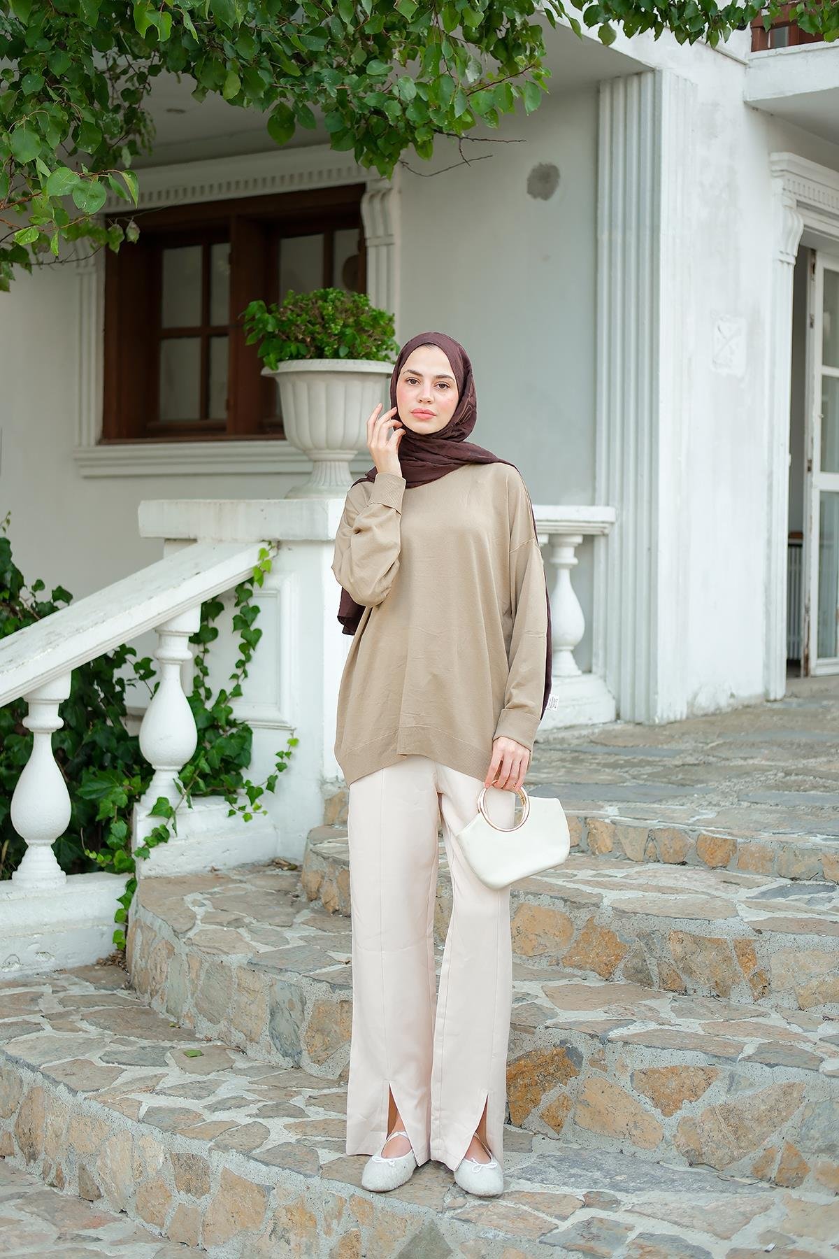 Bisiklet Yaka Oversize Triko Kazak  Vizon