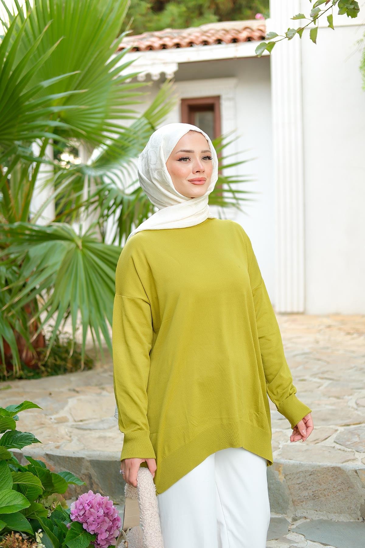 Bisiklet Yaka Oversize Triko Kazak  Yağ Yeşil