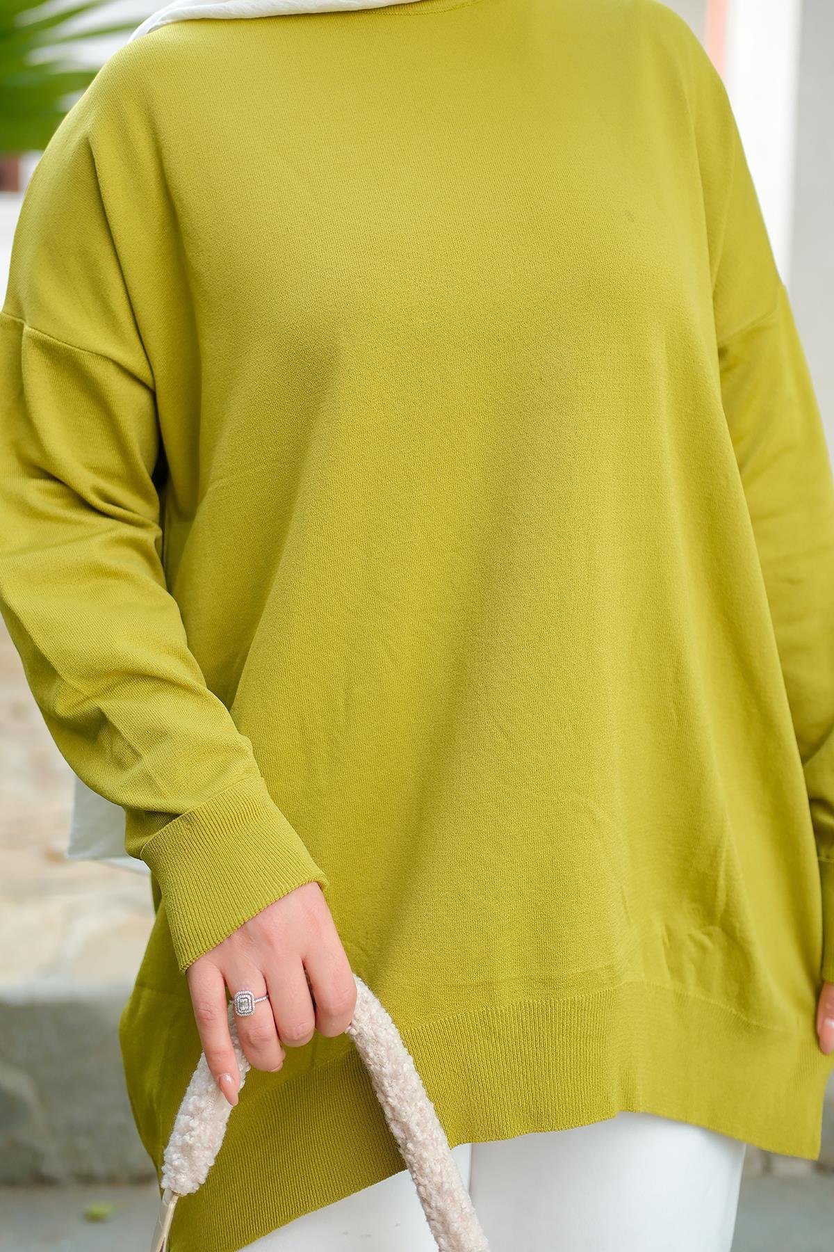 Bisiklet Yaka Oversize Triko Kazak  Yağ Yeşil