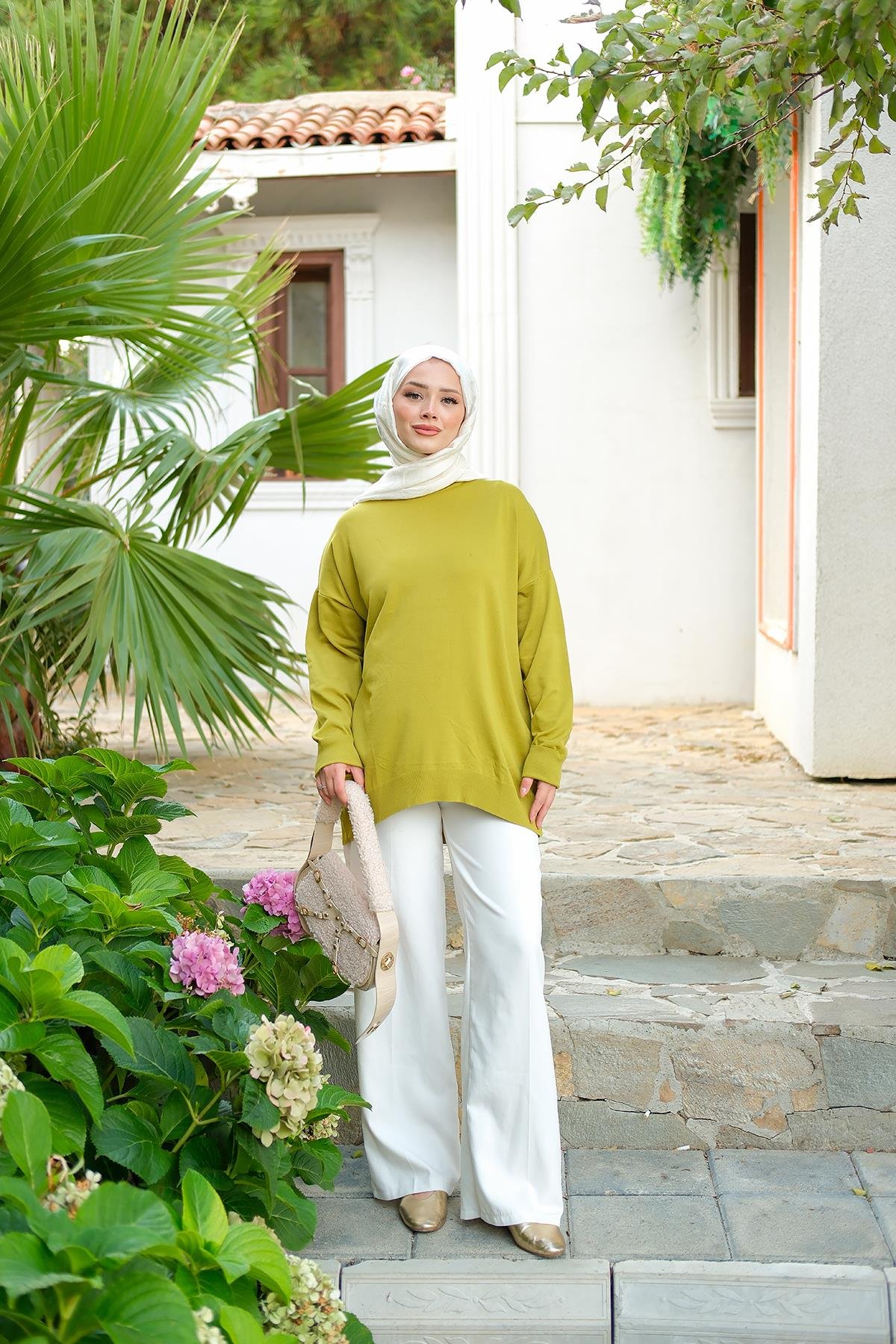 Bisiklet Yaka Oversize Triko Kazak  Yağ Yeşil