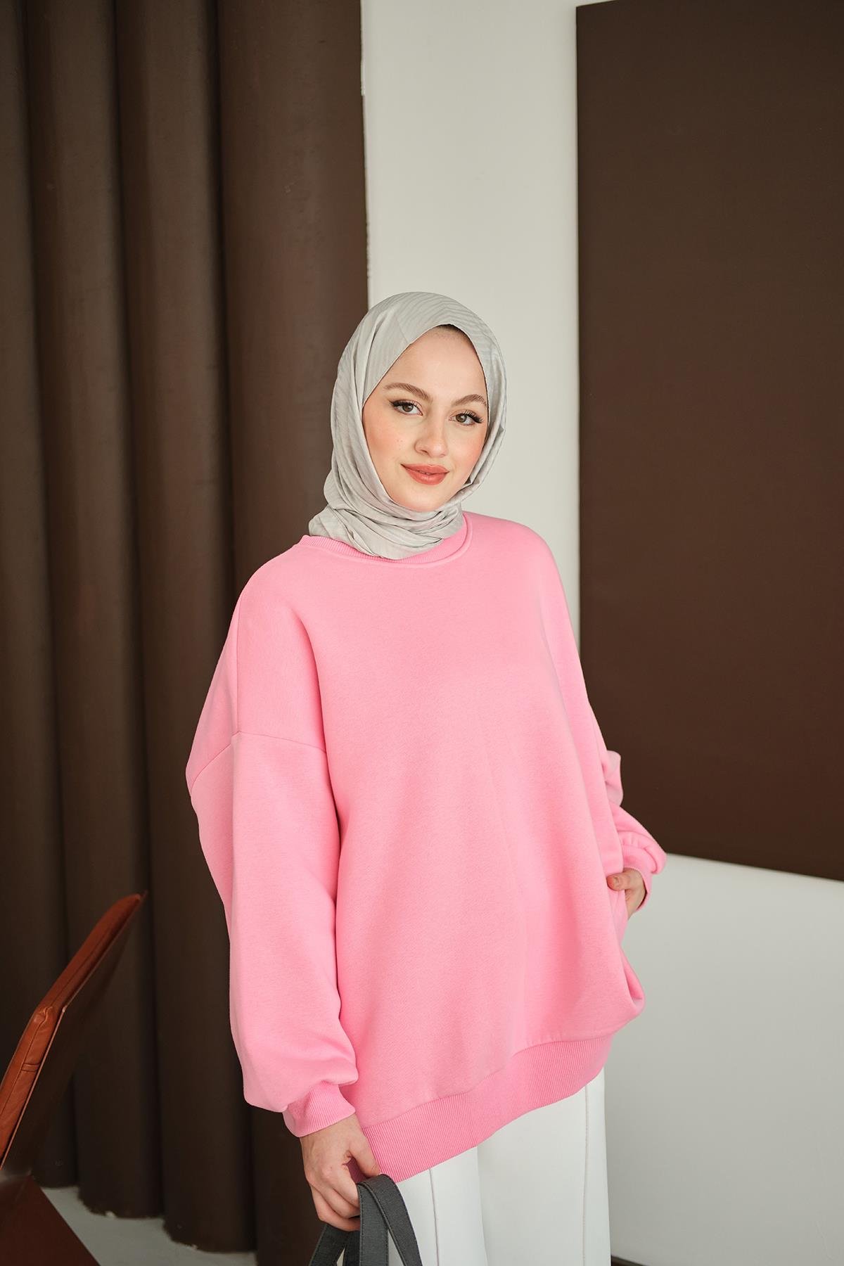 Bisiklet Yaka Sweat Pembe