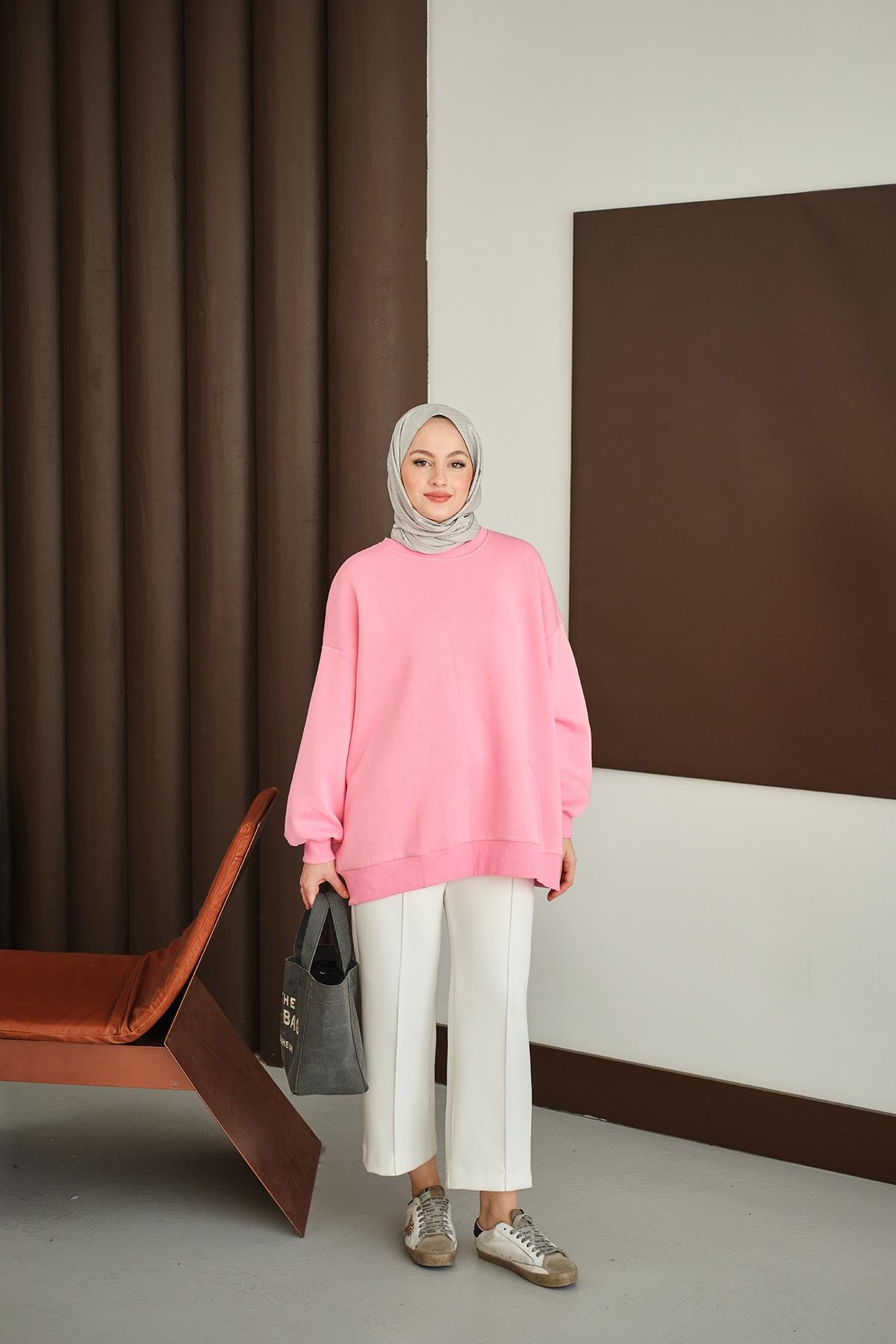 Bisiklet Yaka Sweat Pembe