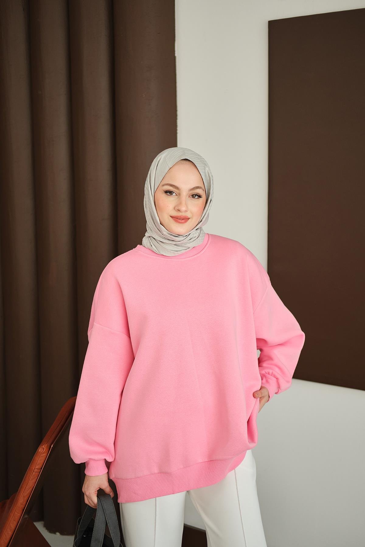 Bisiklet Yaka Sweat Pembe