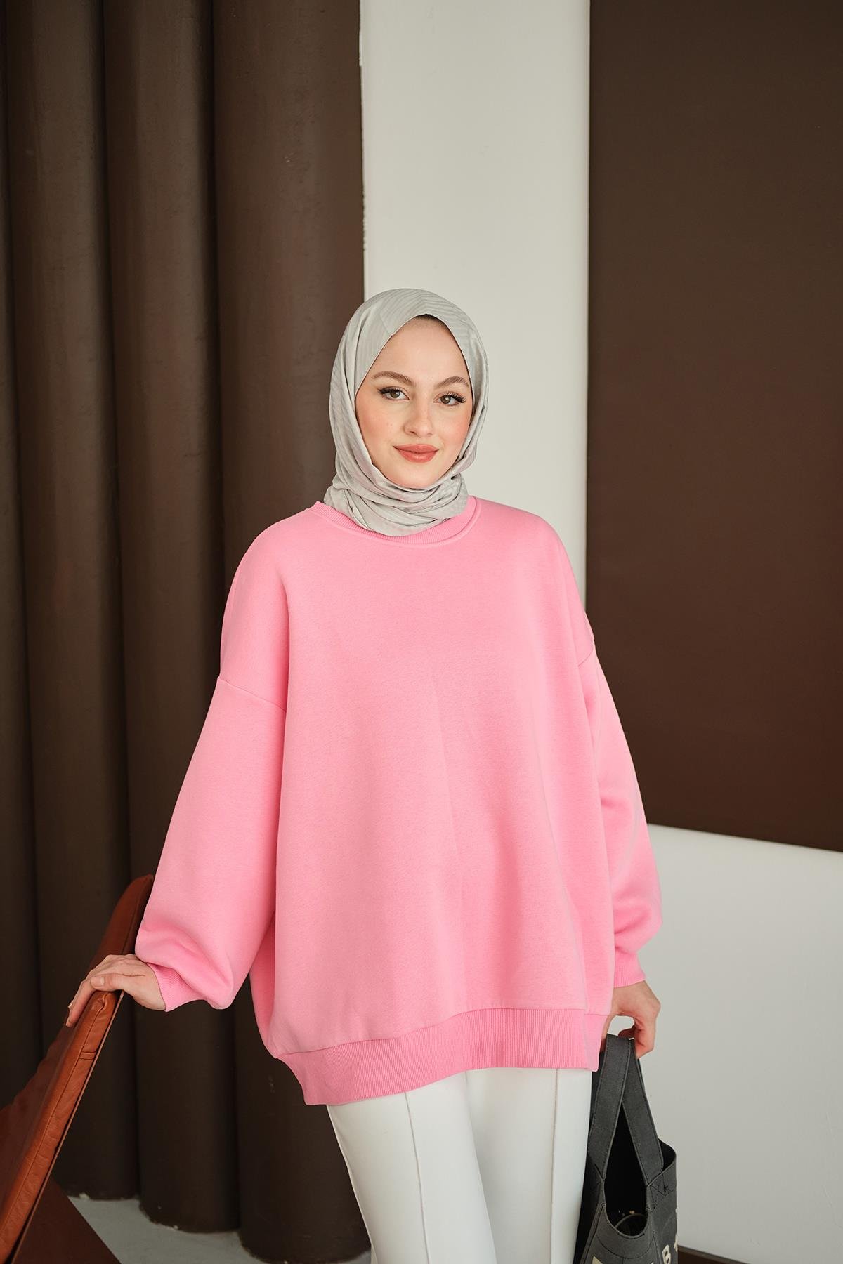 Bisiklet Yaka Sweat Pembe