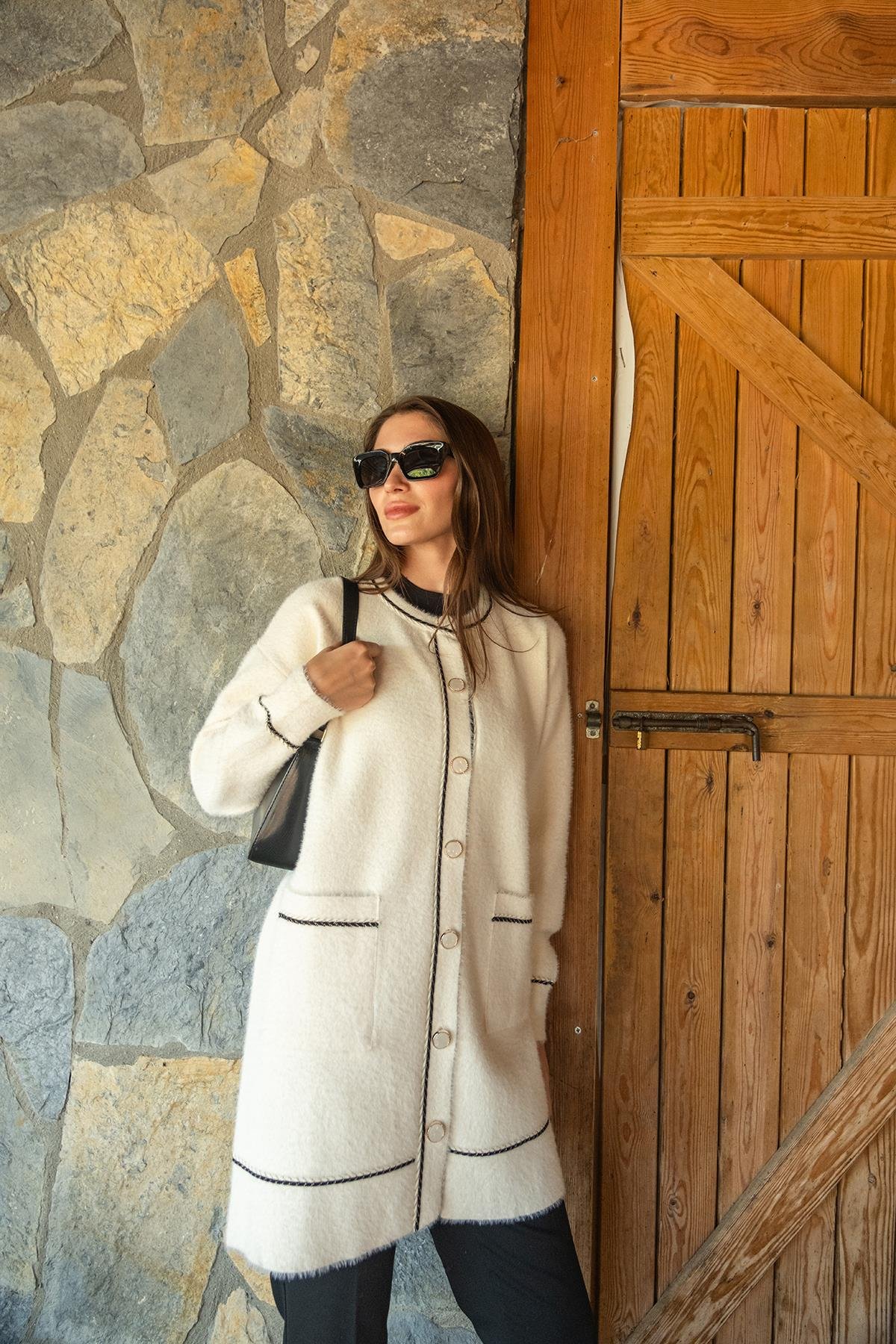 Bisiklet Yaka Triko Ceket Bej