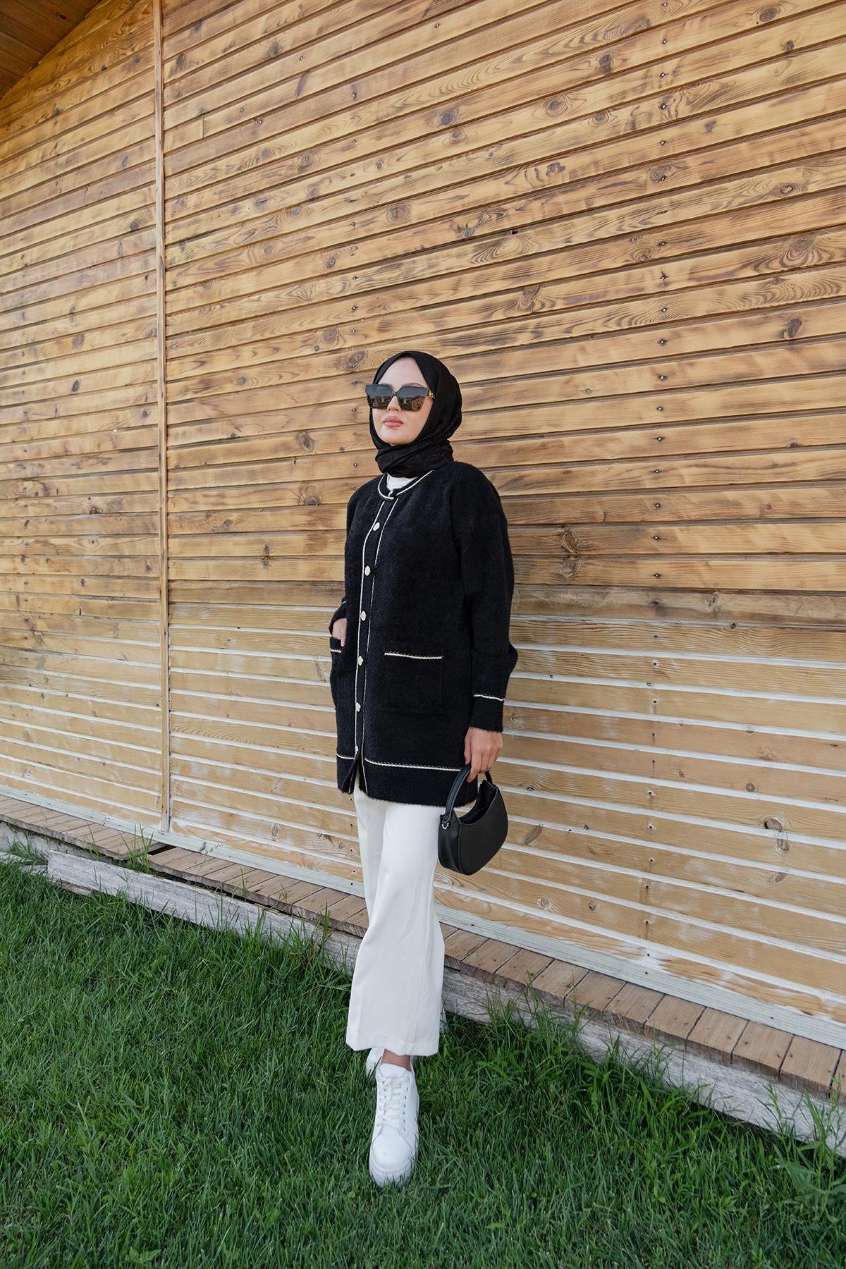 Bisiklet Yaka Triko Ceket Siyah