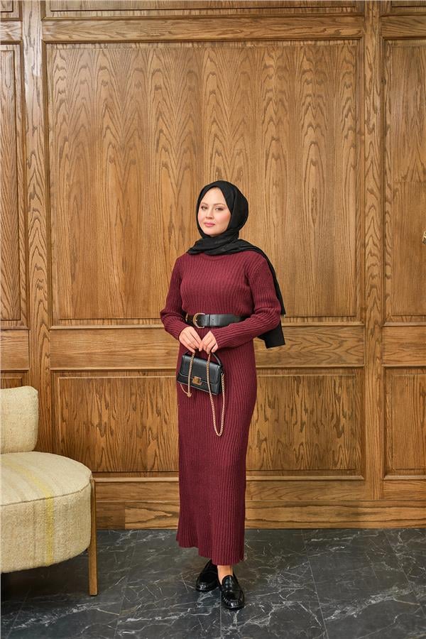 Bisiklet Yaka Triko Elbise Bordo