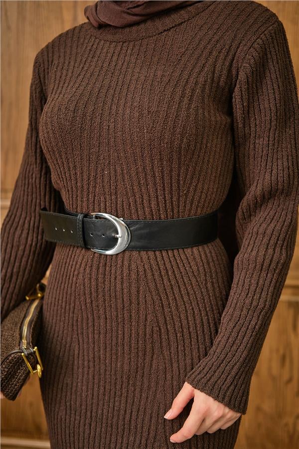 Bisiklet Yaka Triko Elbise Kahverengi