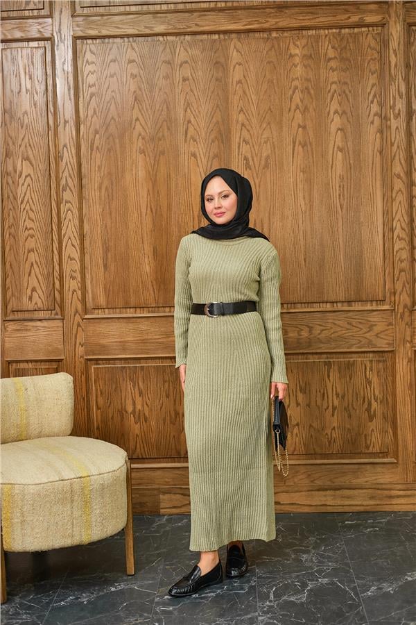 Bisiklet Yaka Triko Elbise Küf Yeşil