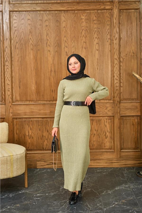 Bisiklet Yaka Triko Elbise Küf Yeşil