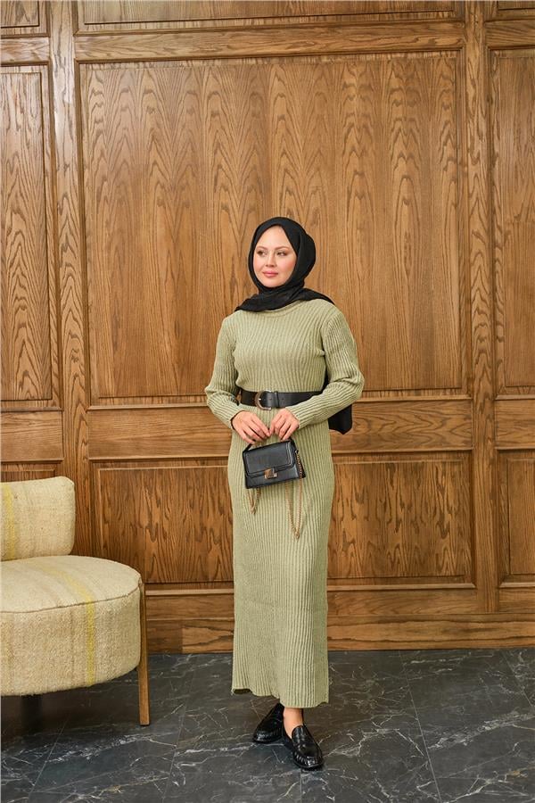 Bisiklet Yaka Triko Elbise Küf Yeşil