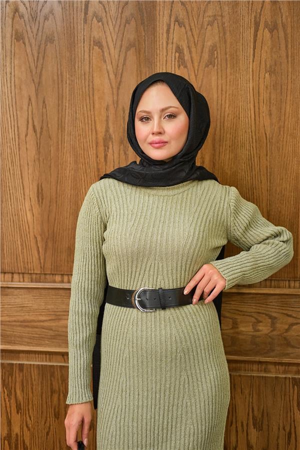 Bisiklet Yaka Triko Elbise Küf Yeşil