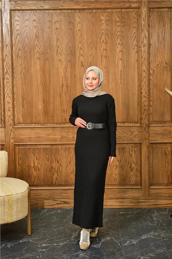 Bisiklet Yaka Triko Elbise Siyah