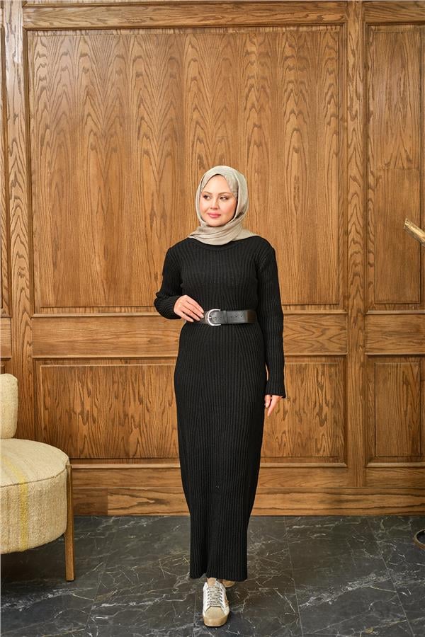 Bisiklet Yaka Triko Elbise Siyah