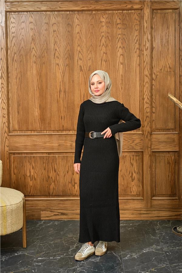 Bisiklet Yaka Triko Elbise Siyah