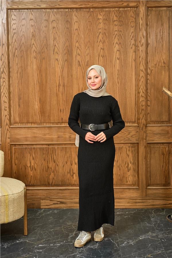 Bisiklet Yaka Triko Elbise Siyah