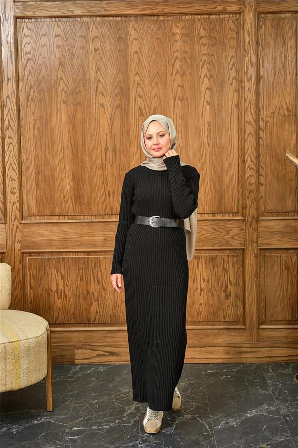 Bisiklet Yaka Triko Elbise Siyah