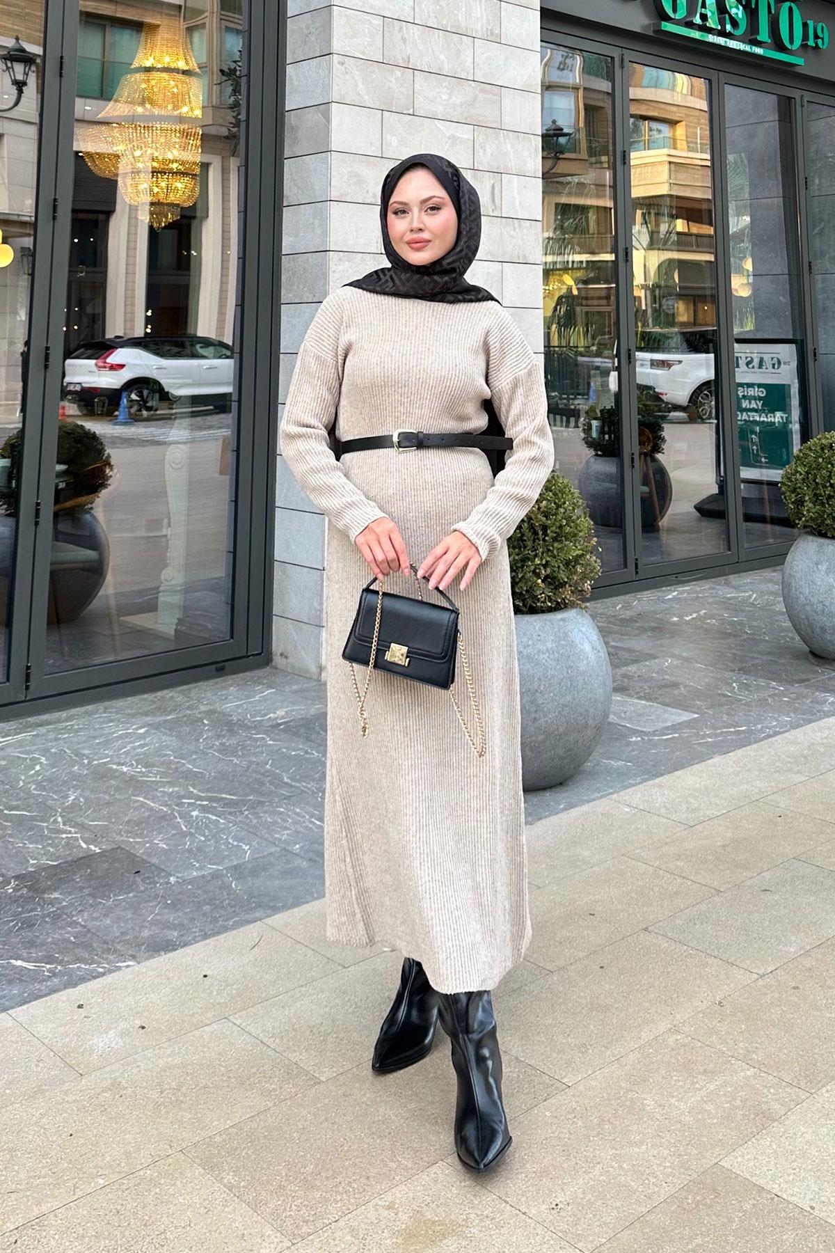 Bisiklet Yaka Triko Elbise Taş