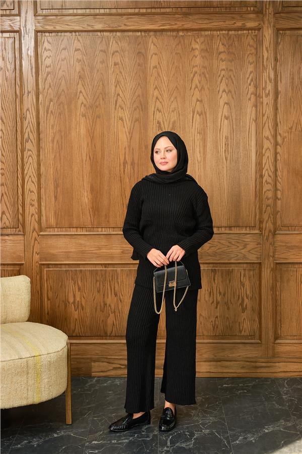 Bisiklet Yaka Triko Takım Siyah