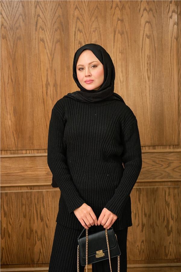 Bisiklet Yaka Triko Takım Siyah