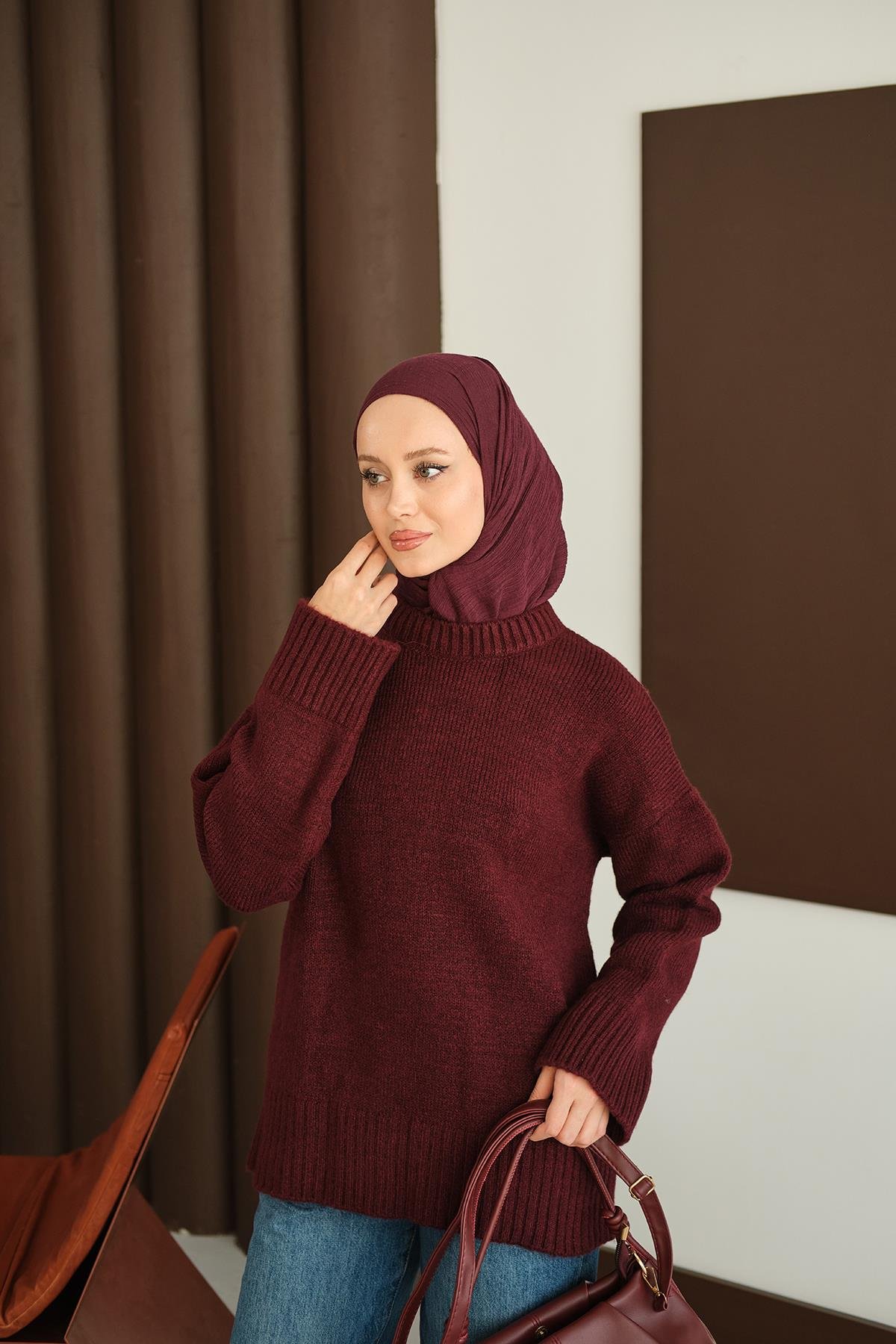 Bisiklet Yaka Triko Tunik Bordo