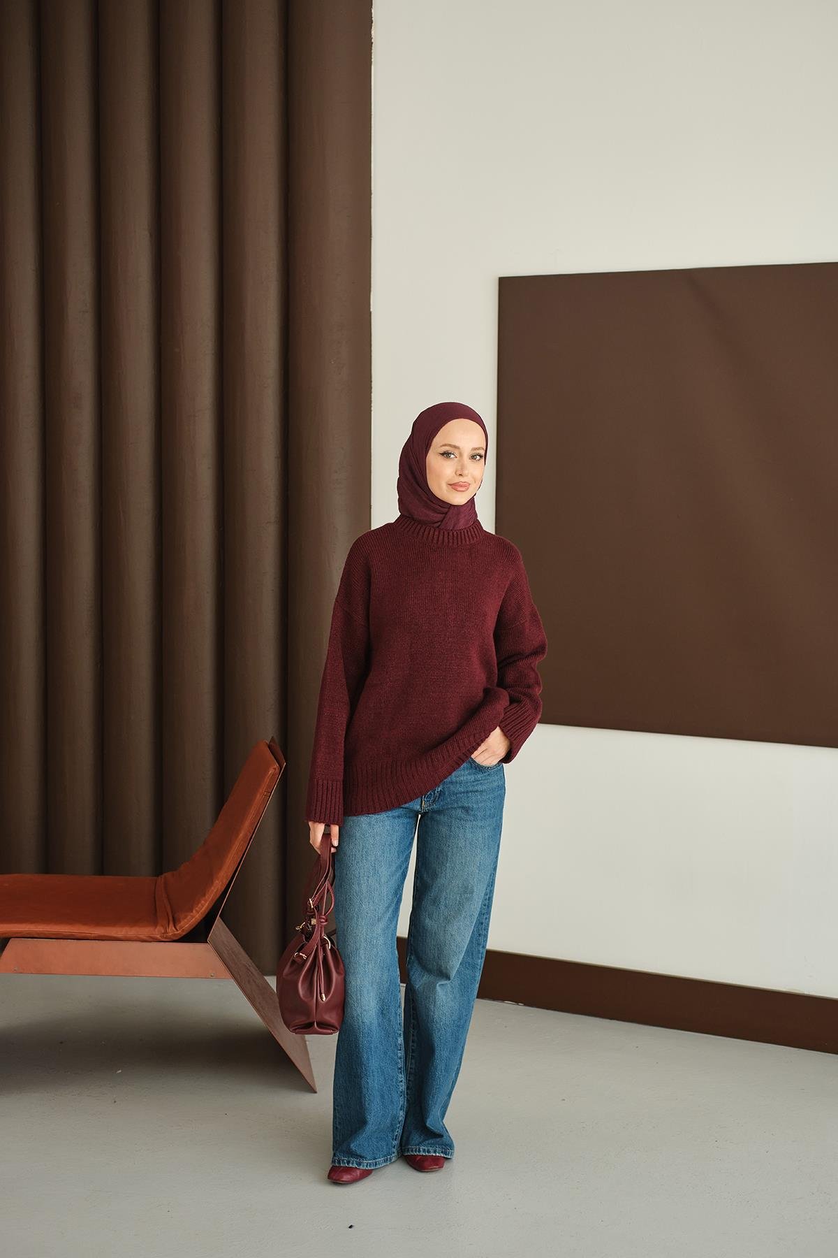 Bisiklet Yaka Triko Tunik Bordo