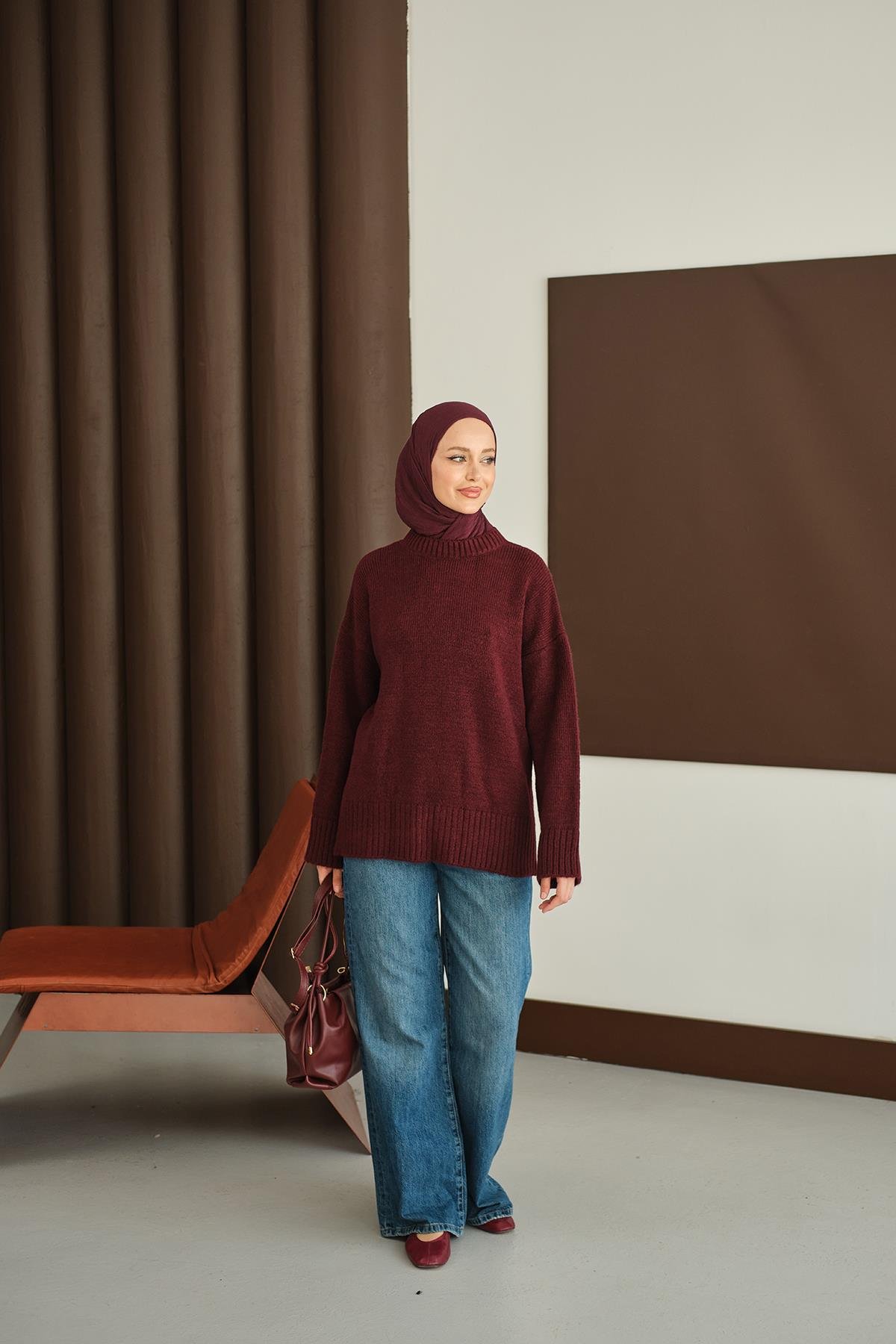 Bisiklet Yaka Triko Tunik Bordo