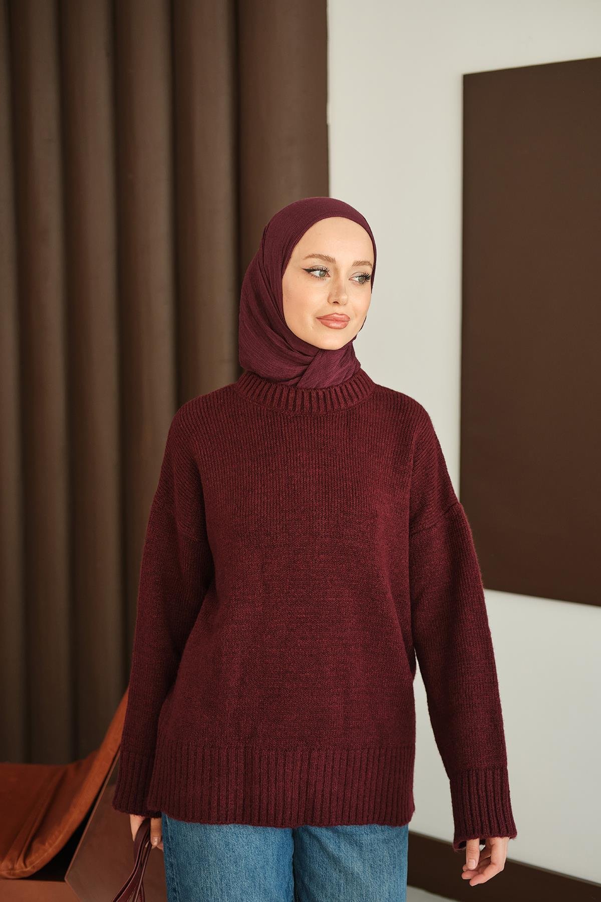 Bisiklet Yaka Triko Tunik Bordo