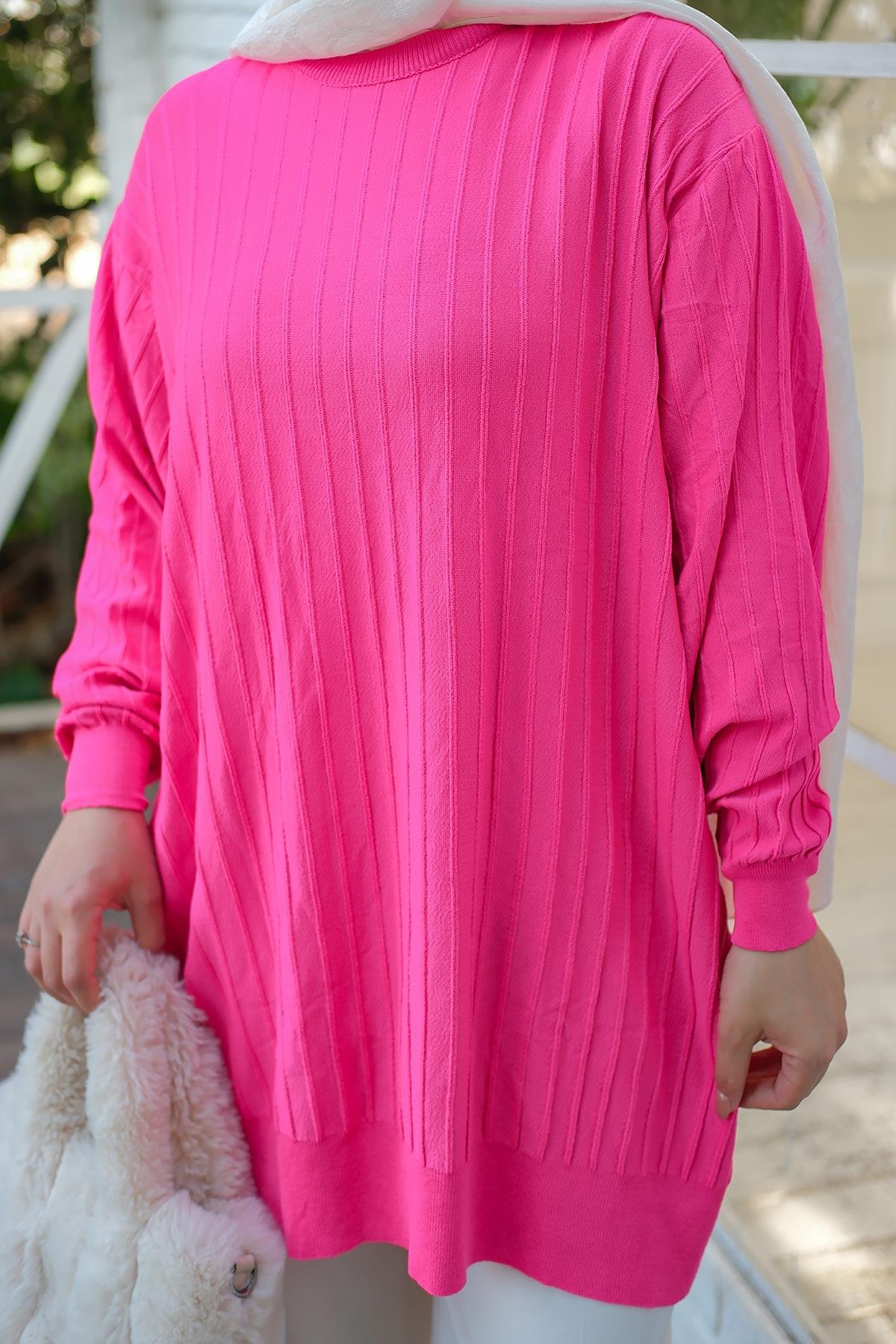 Bisiklet Yaka Tunik Fuşya