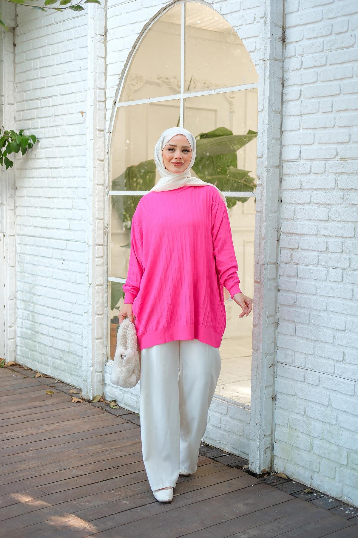 Bisiklet Yaka Tunik Fuşya