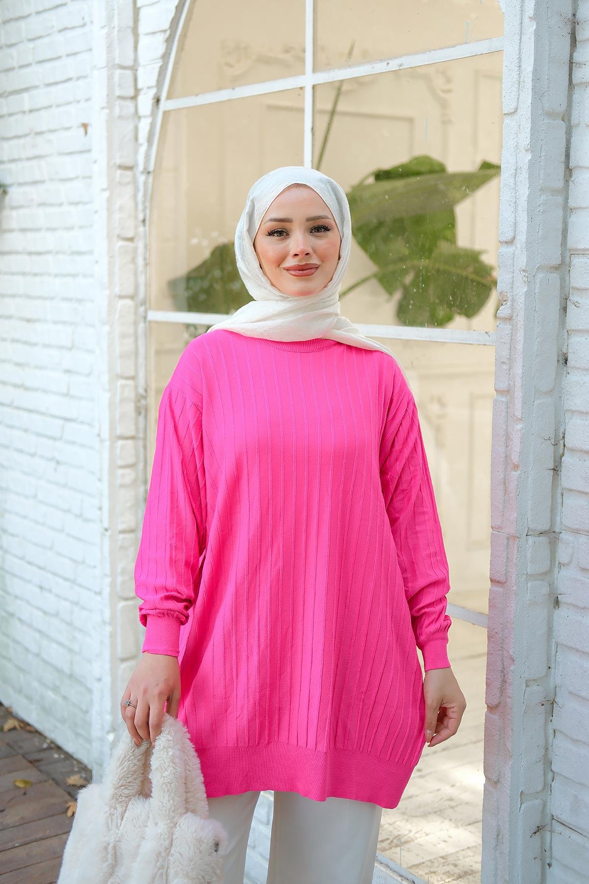 Bisiklet Yaka Tunik Fuşya