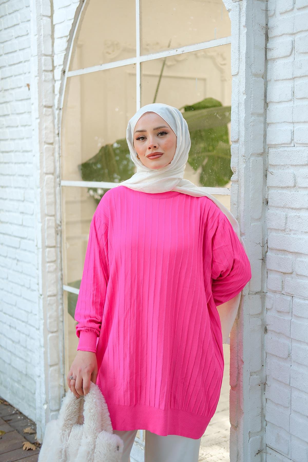 Bisiklet Yaka Tunik Fuşya