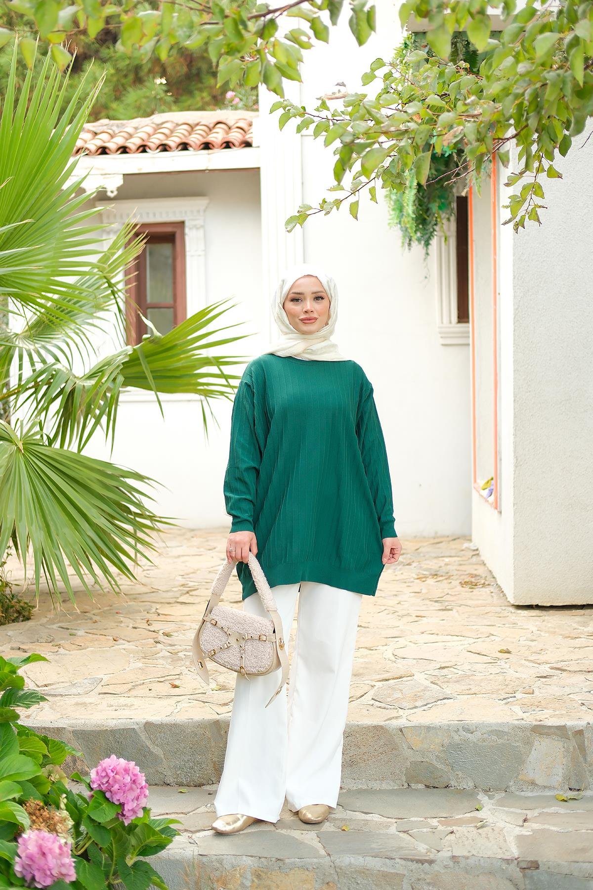 Bisiklet Yaka Tunik Zümrüt Yeşil