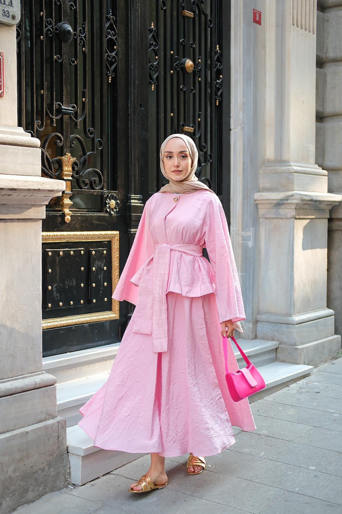 Bluzlu Etekli Takım Pembe