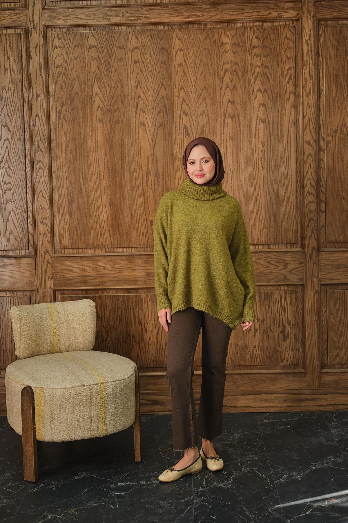 Boğazlı Triko Kazak Yağ Yeşil