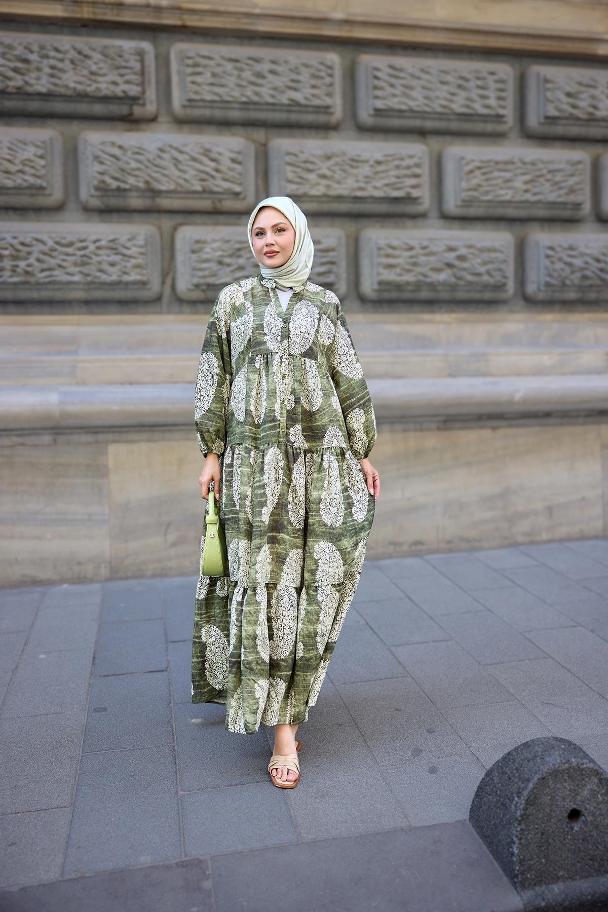 Bohem Desenli Elbise Haki Yeşil