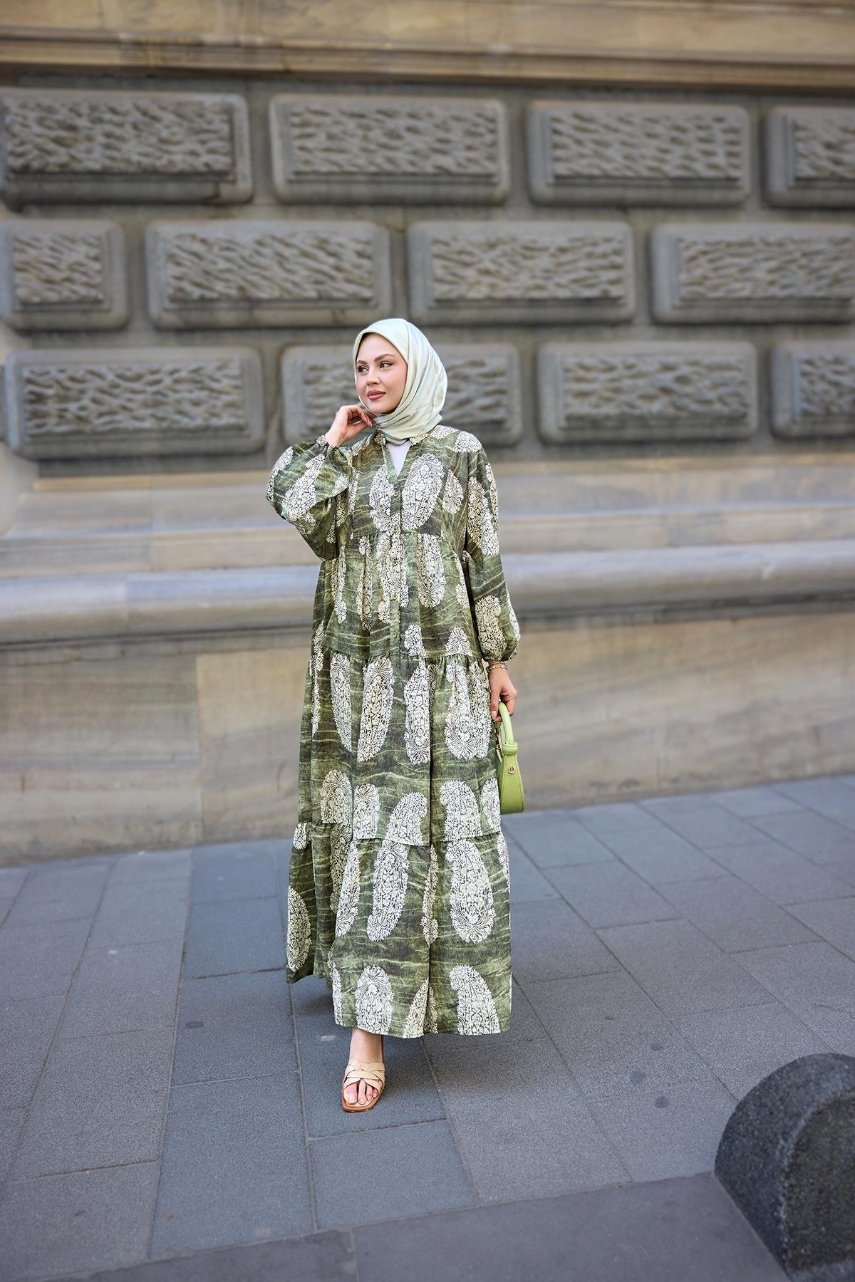 Bohem Desenli Elbise Haki Yeşil