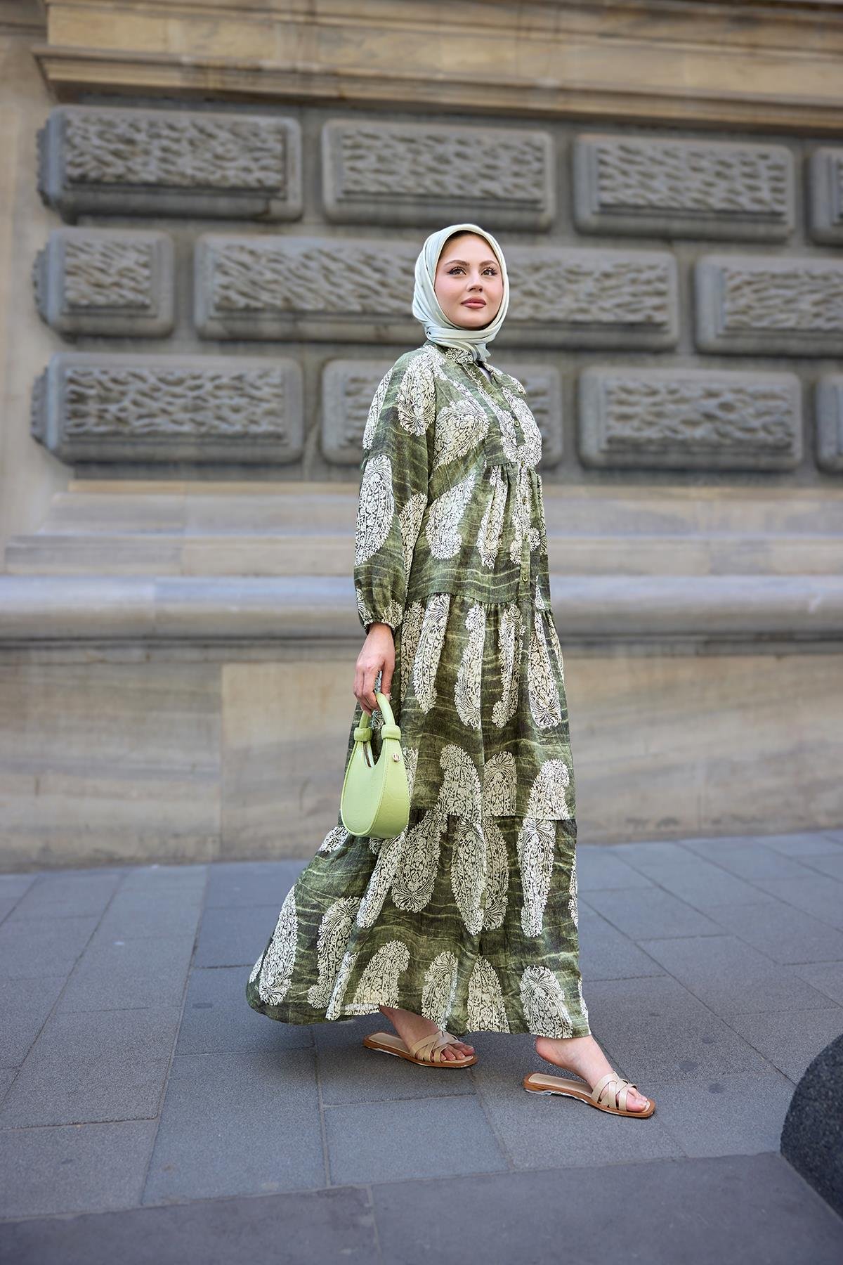 Bohem Desenli Elbise Haki Yeşil